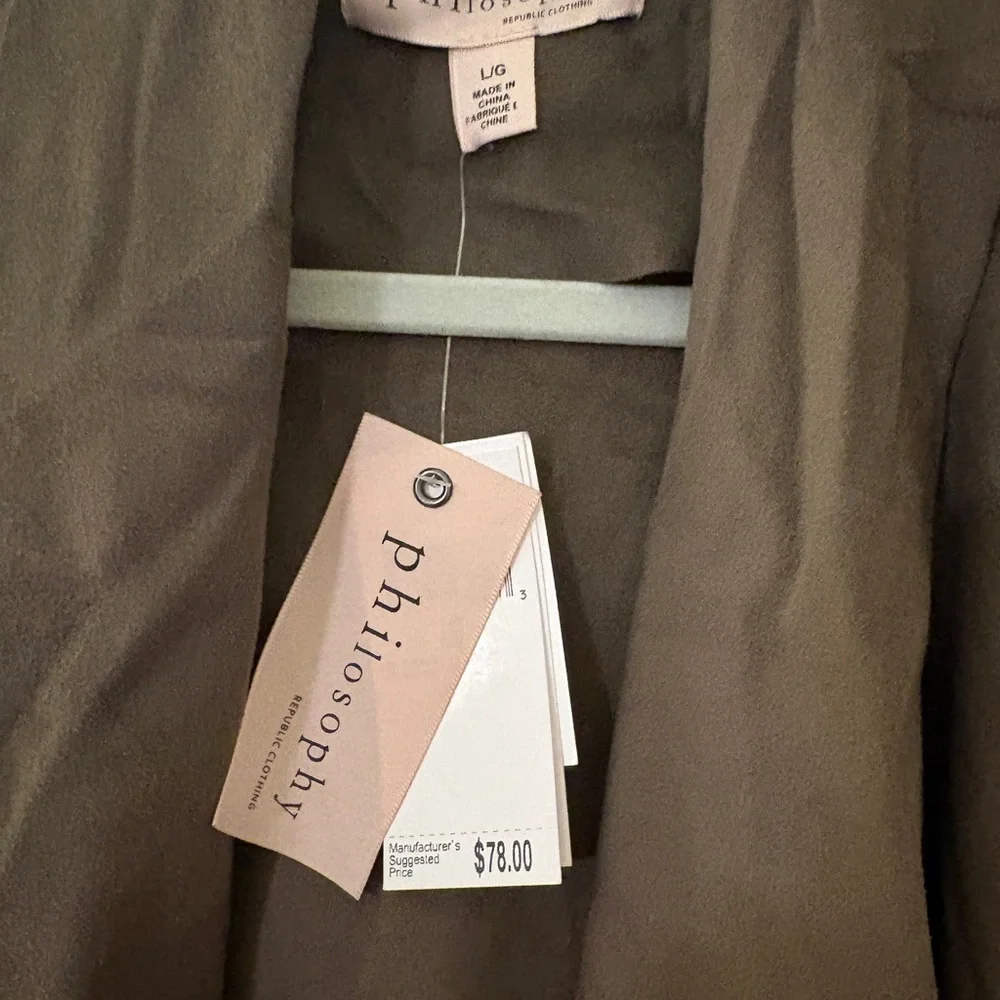 Philosophy olive faux leather Open Front duster Cardigan with drawstring size L - Picture 3 of 6